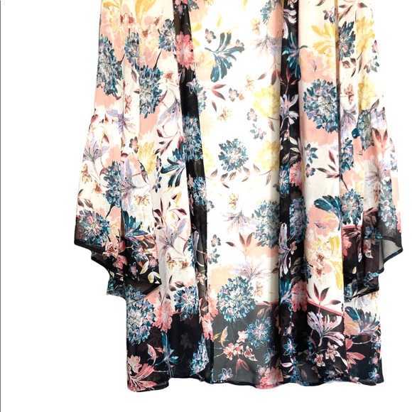 ❌SOLD❌LG•STYLE & CO•FLORAL SHEER OPEN CARDIGAN / COVER UP W WIDE FLARED SLEEVES• - Picture 4 of 6